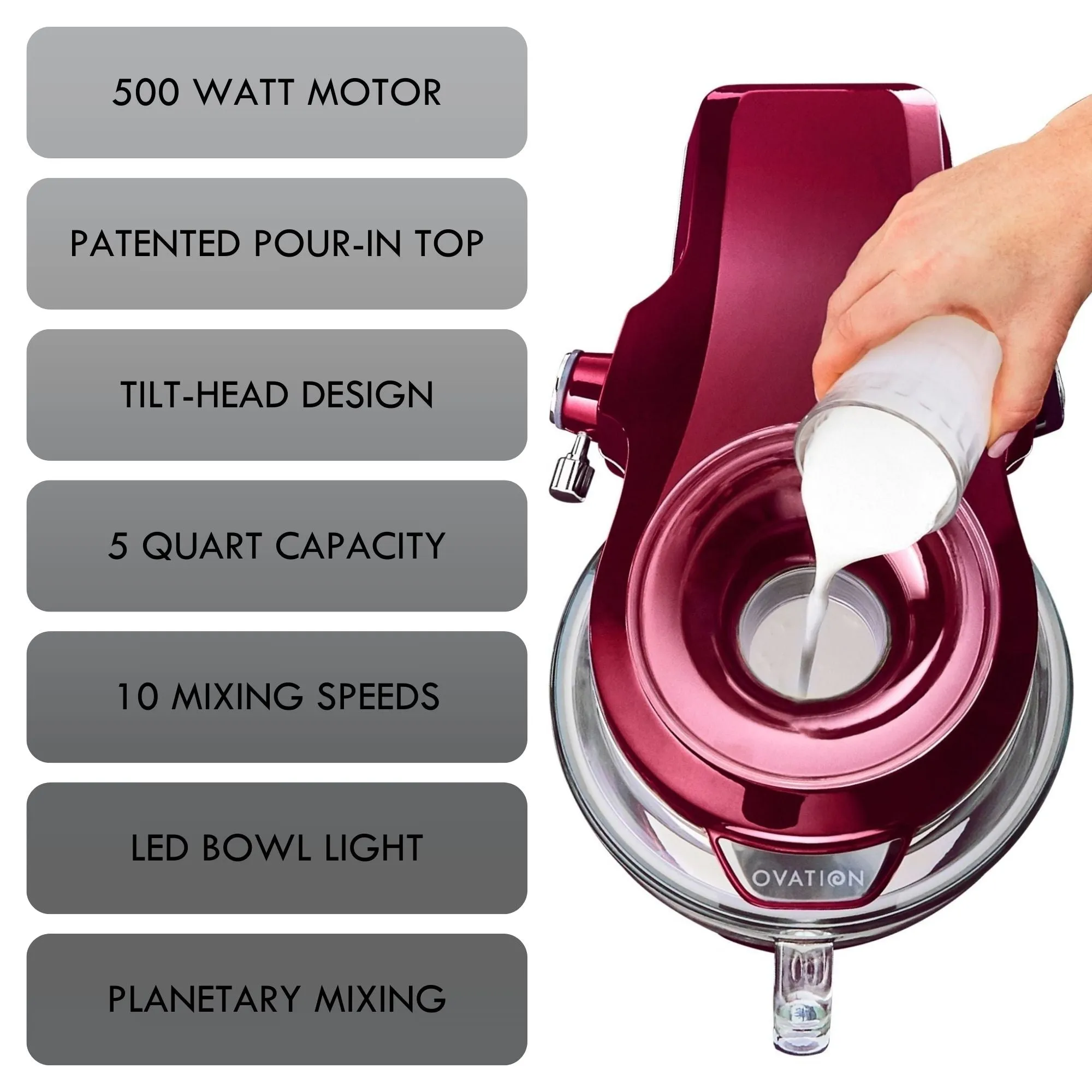 Kenmore Elite Ovation 5 Qt Stand Mixer, 500 Watt 10-Speed Motor, Revolutionary Pour-In Top, Tilt Head, Beater, Whisk, Dough Hook, Planetary Mixing, 360-Degree Splash Guard, Glass Bowl with Lid, Red