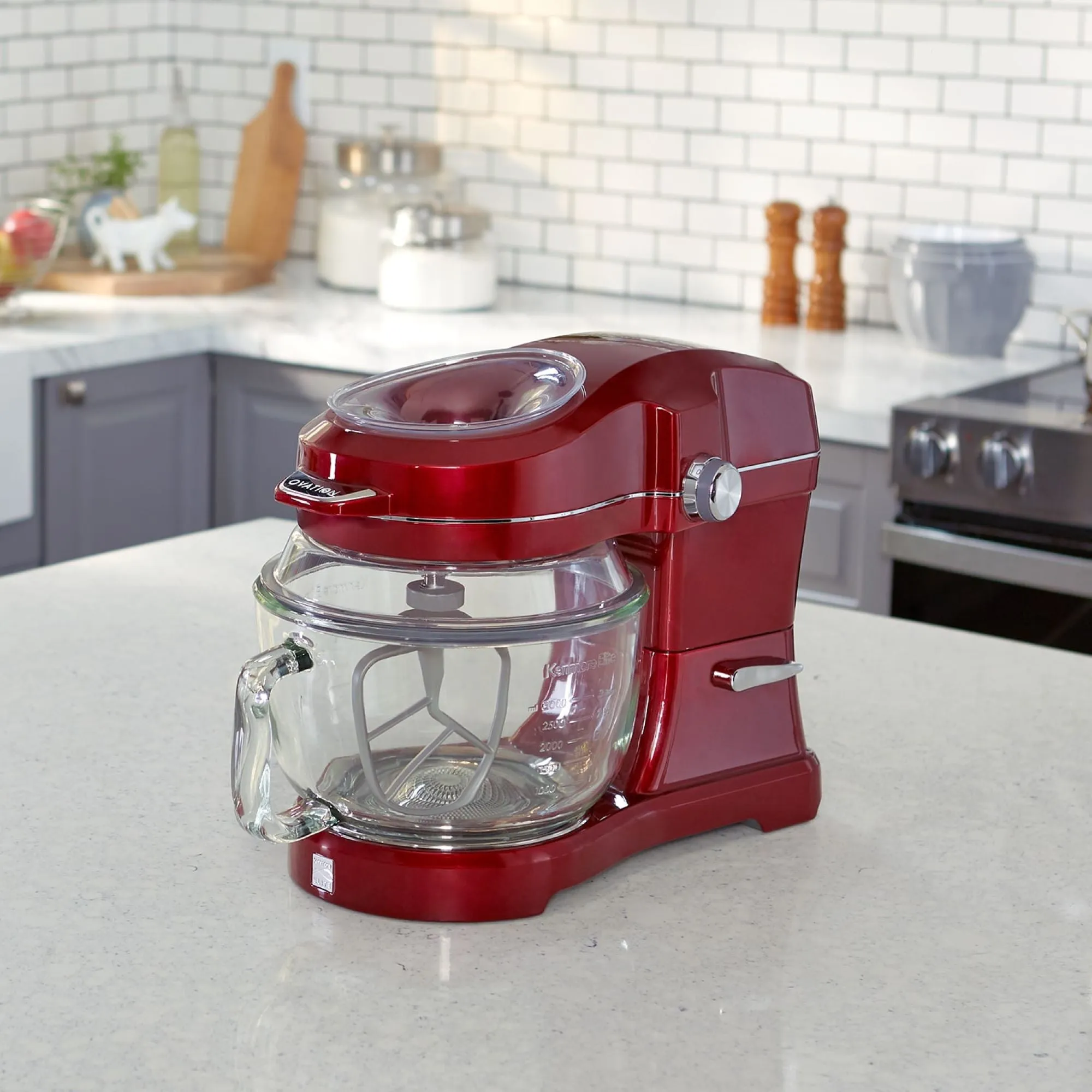 Kenmore Elite Ovation 5 Qt Stand Mixer, 500 Watt 10-Speed Motor, Revolutionary Pour-In Top, Tilt Head, Beater, Whisk, Dough Hook, Planetary Mixing, 360-Degree Splash Guard, Glass Bowl with Lid, Red