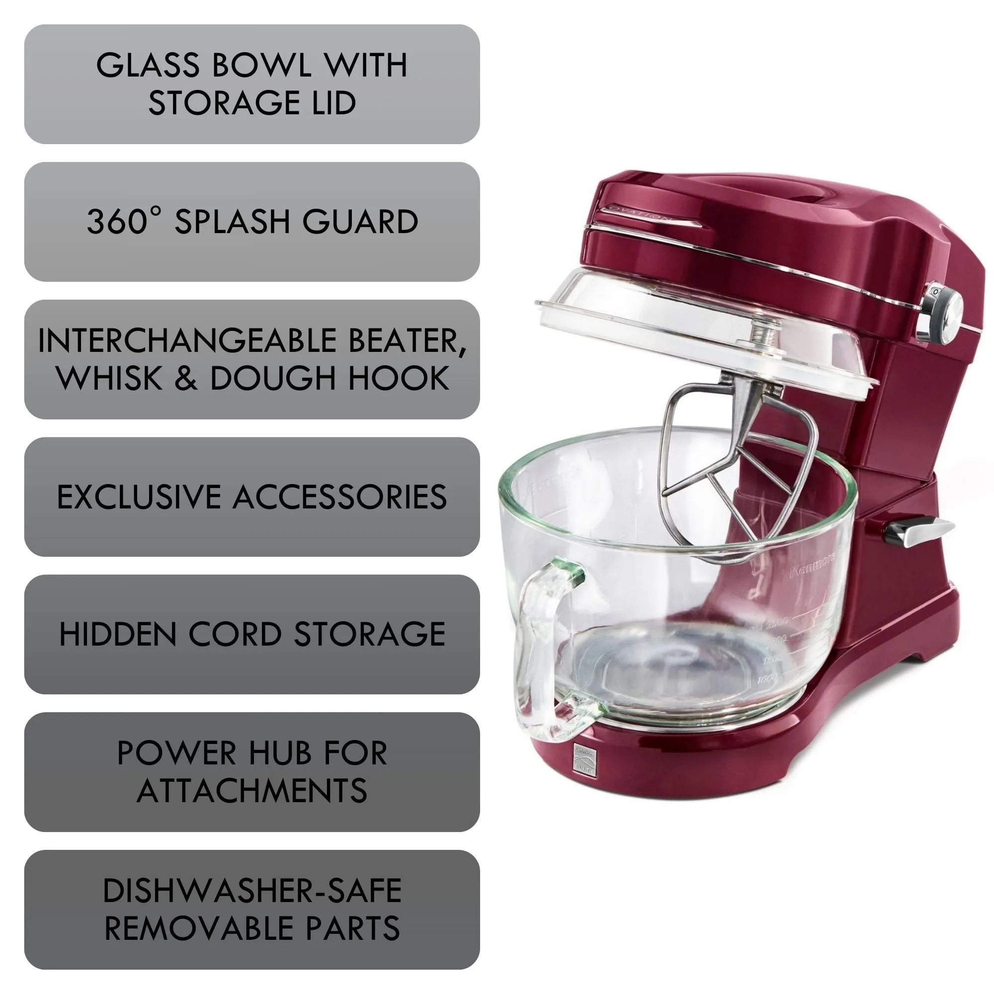 Kenmore Elite Ovation 5 Qt Stand Mixer, 500 Watt 10-Speed Motor, Revolutionary Pour-In Top, Tilt Head, Beater, Whisk, Dough Hook, Planetary Mixing, 360-Degree Splash Guard, Glass Bowl with Lid, Red