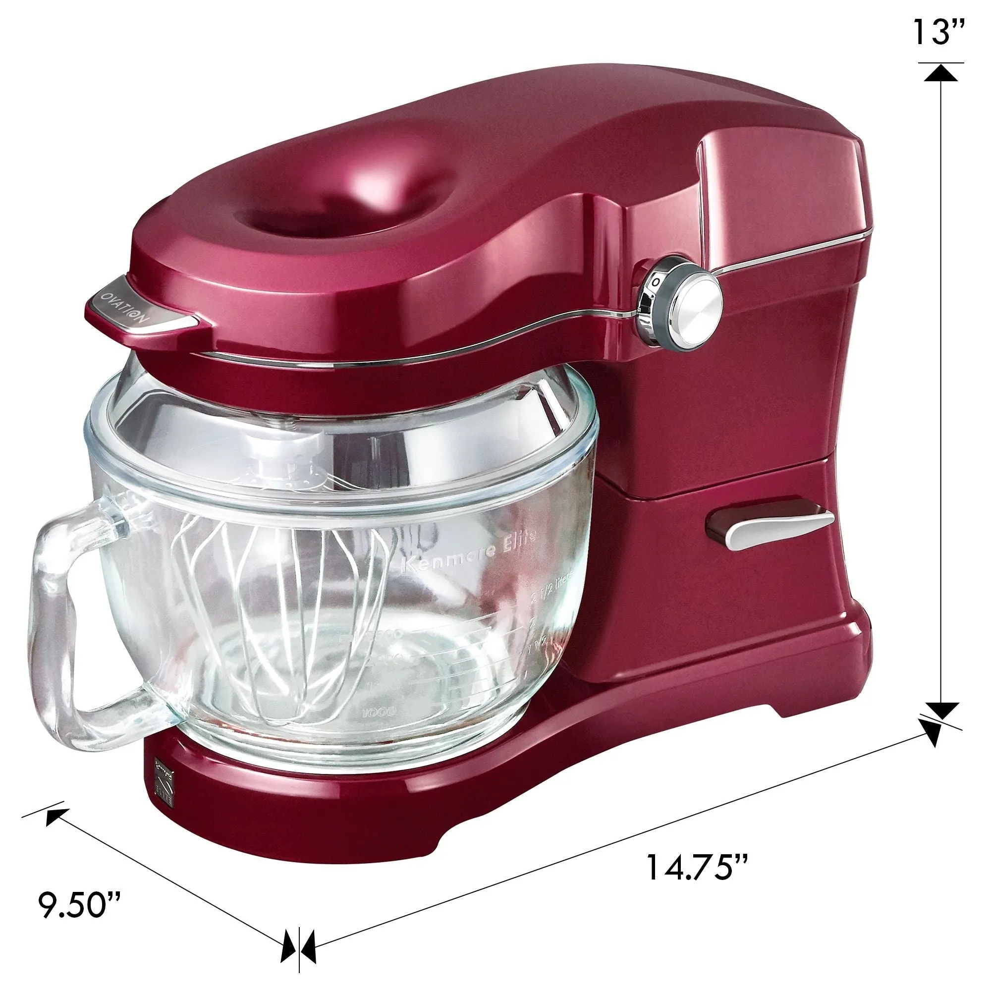 Kenmore Elite Ovation 5 Qt Stand Mixer, 500 Watt 10-Speed Motor, Revolutionary Pour-In Top, Tilt Head, Beater, Whisk, Dough Hook, Planetary Mixing, 360-Degree Splash Guard, Glass Bowl with Lid, Red