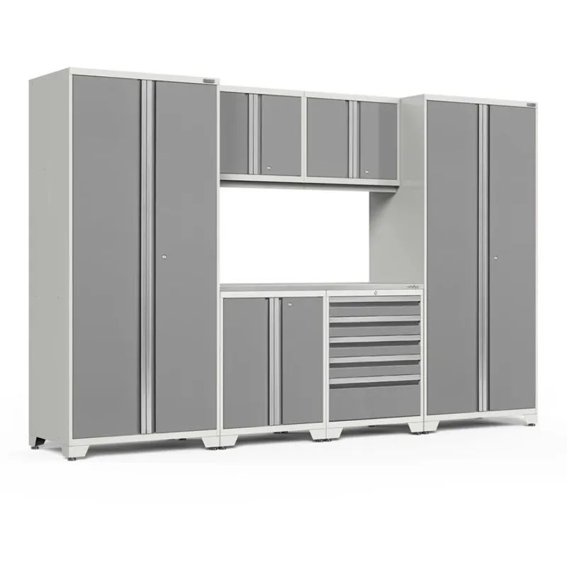 NEWAGE | Pro Series 7 Piece Cabinet Set with Base, Wall, Tool Drawer Cabinet, Lockers and 56 in. Worktop