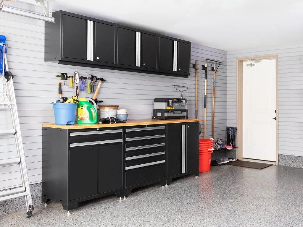 NEWAGE | Pro Series 7 Piece Cabinet Set with Base, Wall, Tool Drawer Cabinet, Lockers and 56 in. Worktop