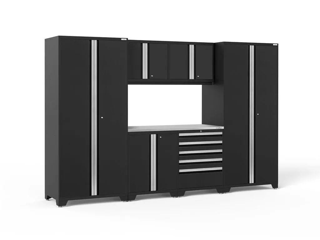 NEWAGE | Pro Series 7 Piece Cabinet Set with Base, Wall, Tool Drawer Cabinet, Lockers and 56 in. Worktop