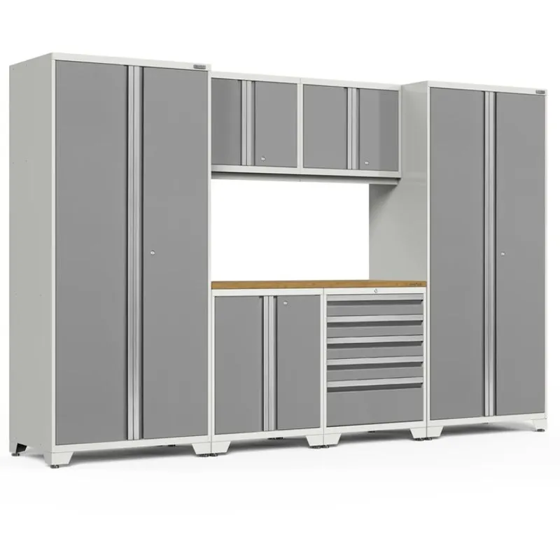 NEWAGE | Pro Series 7 Piece Cabinet Set with Base, Wall, Tool Drawer Cabinet, Lockers and 56 in. Worktop