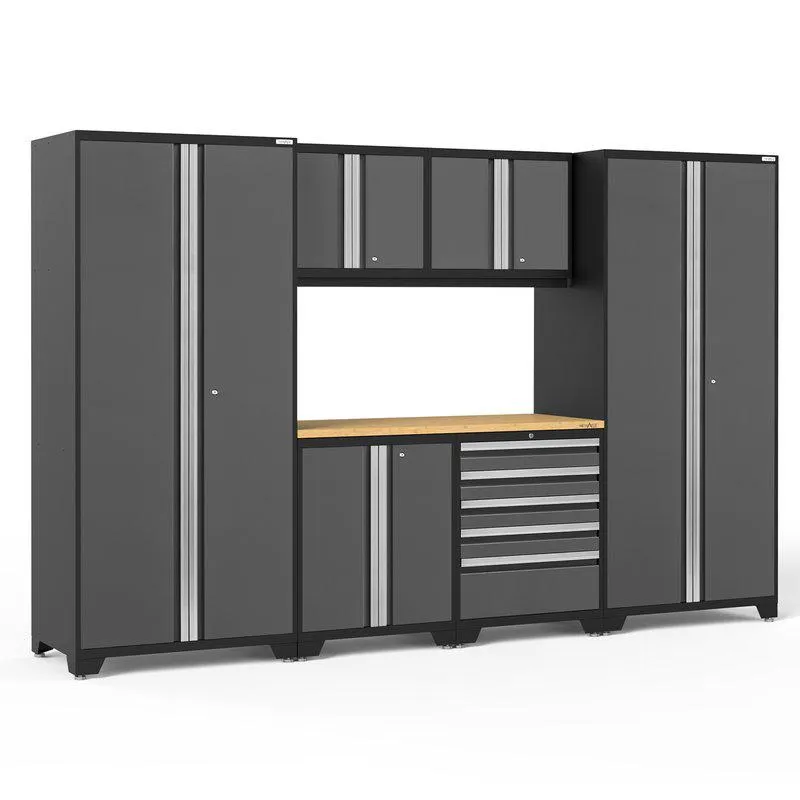 NEWAGE | Pro Series 7 Piece Cabinet Set with Base, Wall, Tool Drawer Cabinet, Lockers and 56 in. Worktop