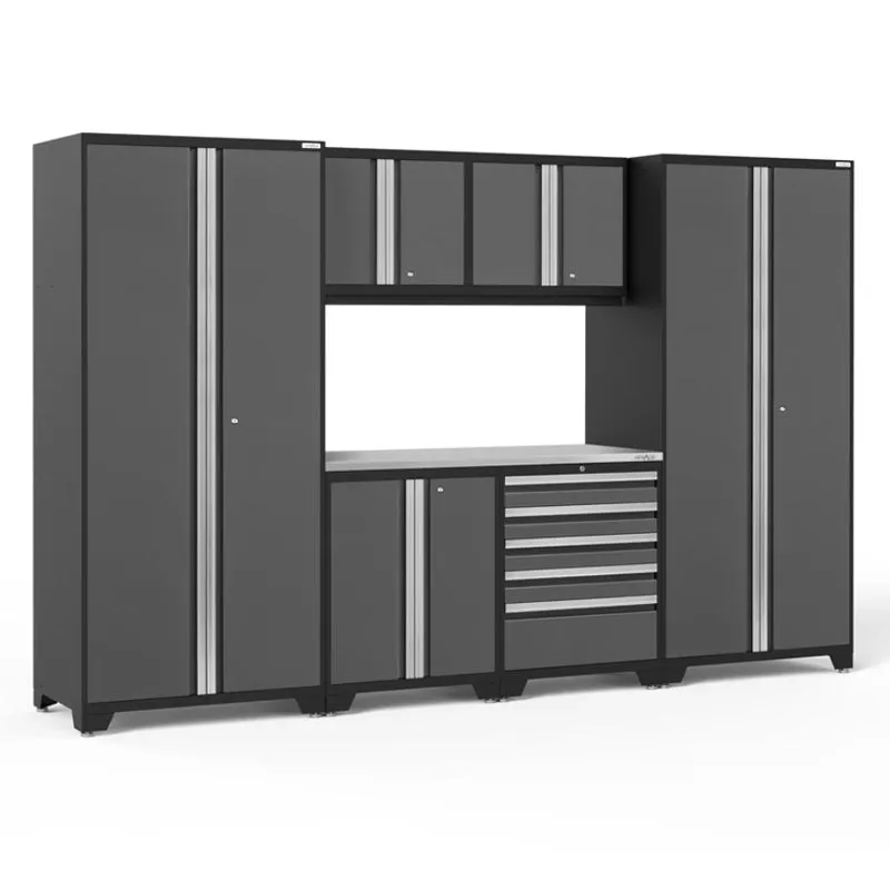 NEWAGE | Pro Series 7 Piece Cabinet Set with Base, Wall, Tool Drawer Cabinet, Lockers and 56 in. Worktop