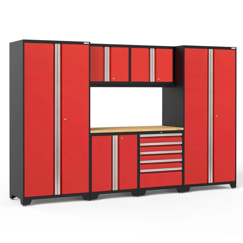 NEWAGE | Pro Series 7 Piece Cabinet Set with Base, Wall, Tool Drawer Cabinet, Lockers and 56 in. Worktop