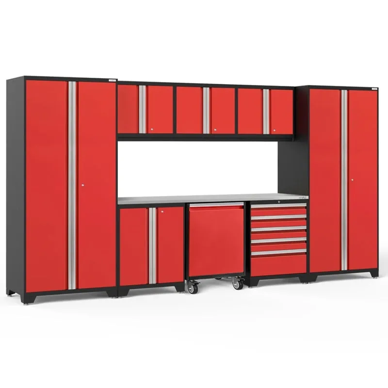 NEWAGE | Pro Series 9 Piece Cabinet Set with Wall, Base, Tool Drawer, Multi-Function Cabinet, Lockers, and 84 in. Worktop