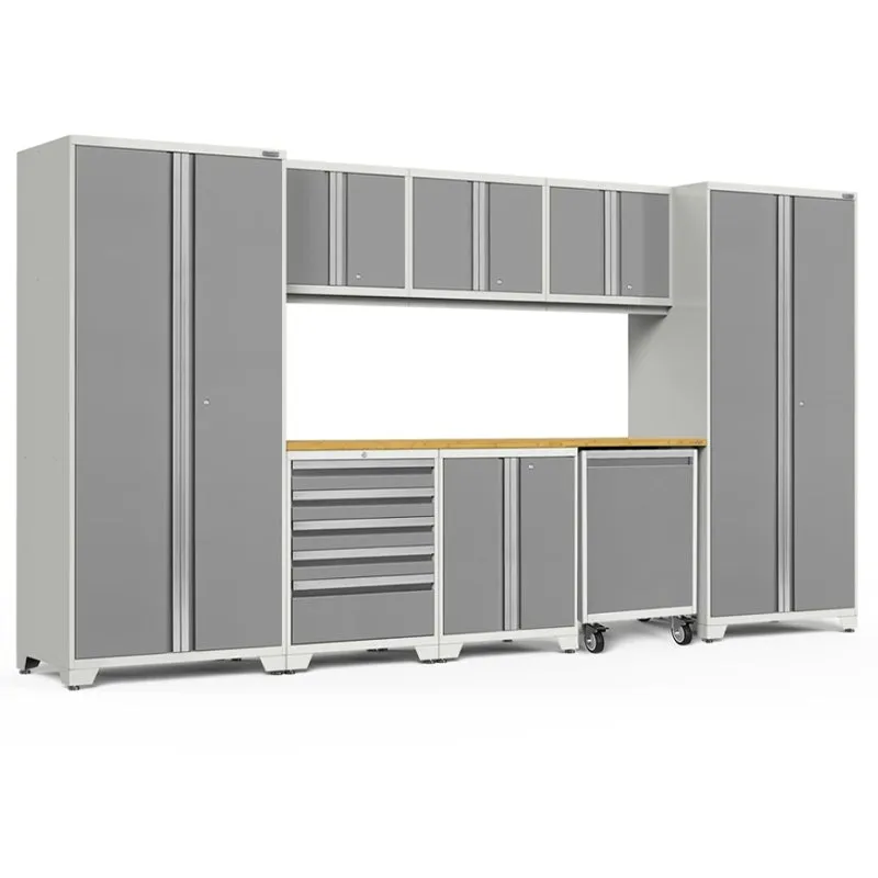 NEWAGE | Pro Series 9 Piece Cabinet Set with Wall, Base, Tool Drawer, Multi-Function Cabinet, Lockers, and 84 in. Worktop