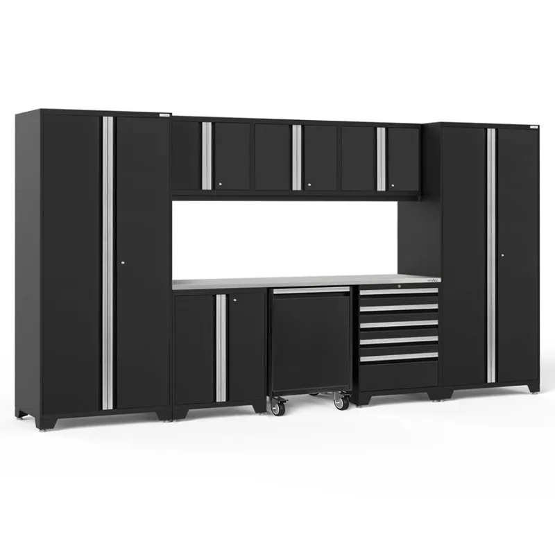 NEWAGE | Pro Series 9 Piece Cabinet Set with Wall, Base, Tool Drawer, Multi-Function Cabinet, Lockers, and 84 in. Worktop