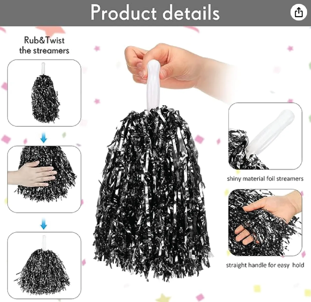 Pom Poms Metallic Foil Cheer Pom Poms with Plastic Handle 1pk