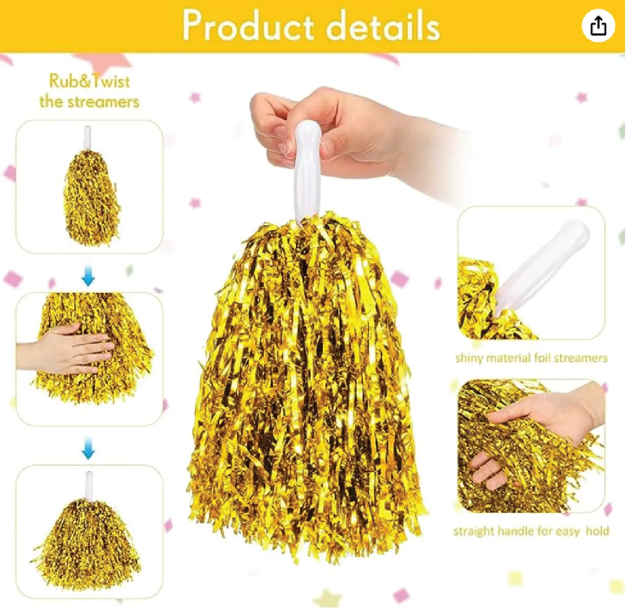 Pom Poms Metallic Foil Cheer Pom Poms with Plastic Handle 1pk