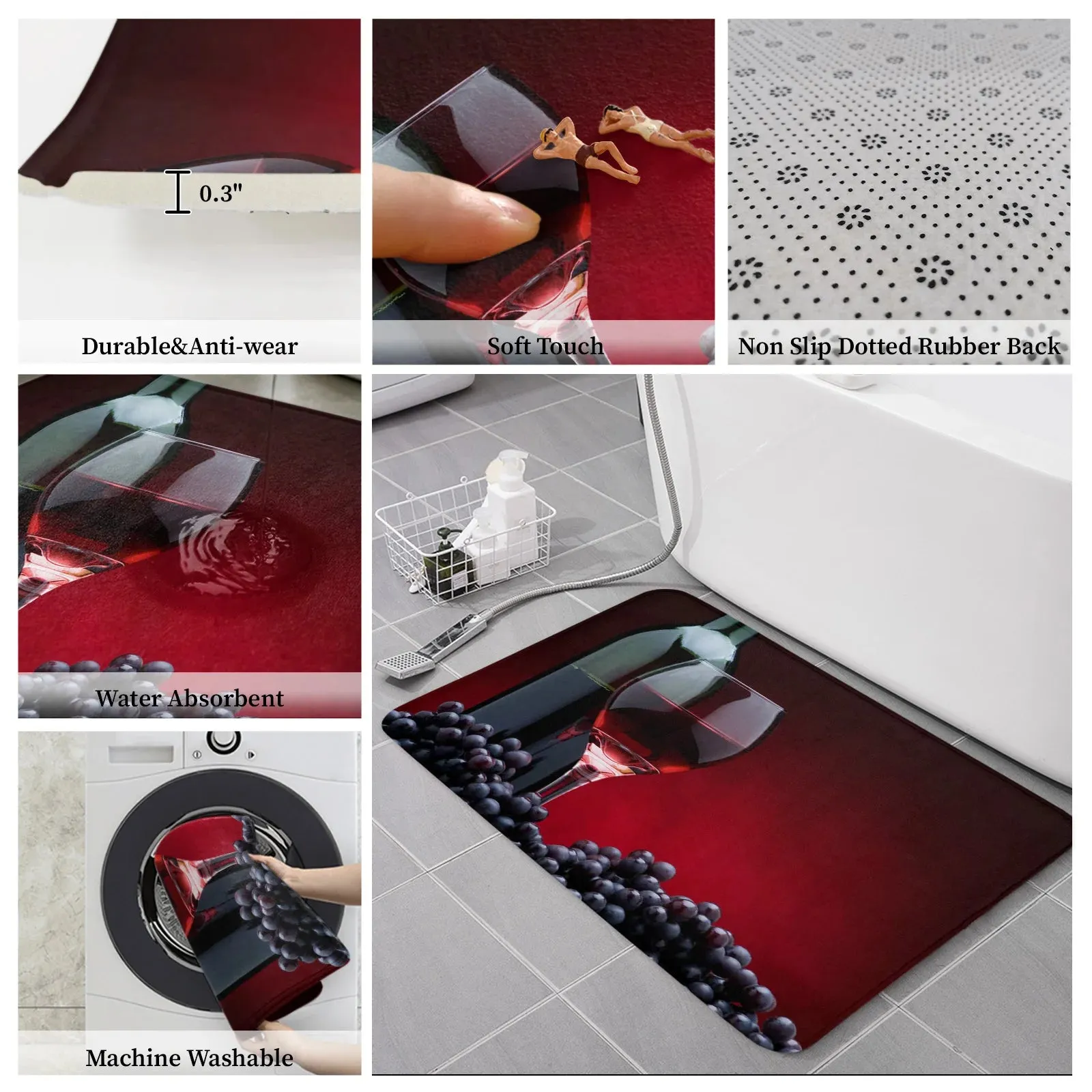 Red Wine Rug Non-slip for Kitchen