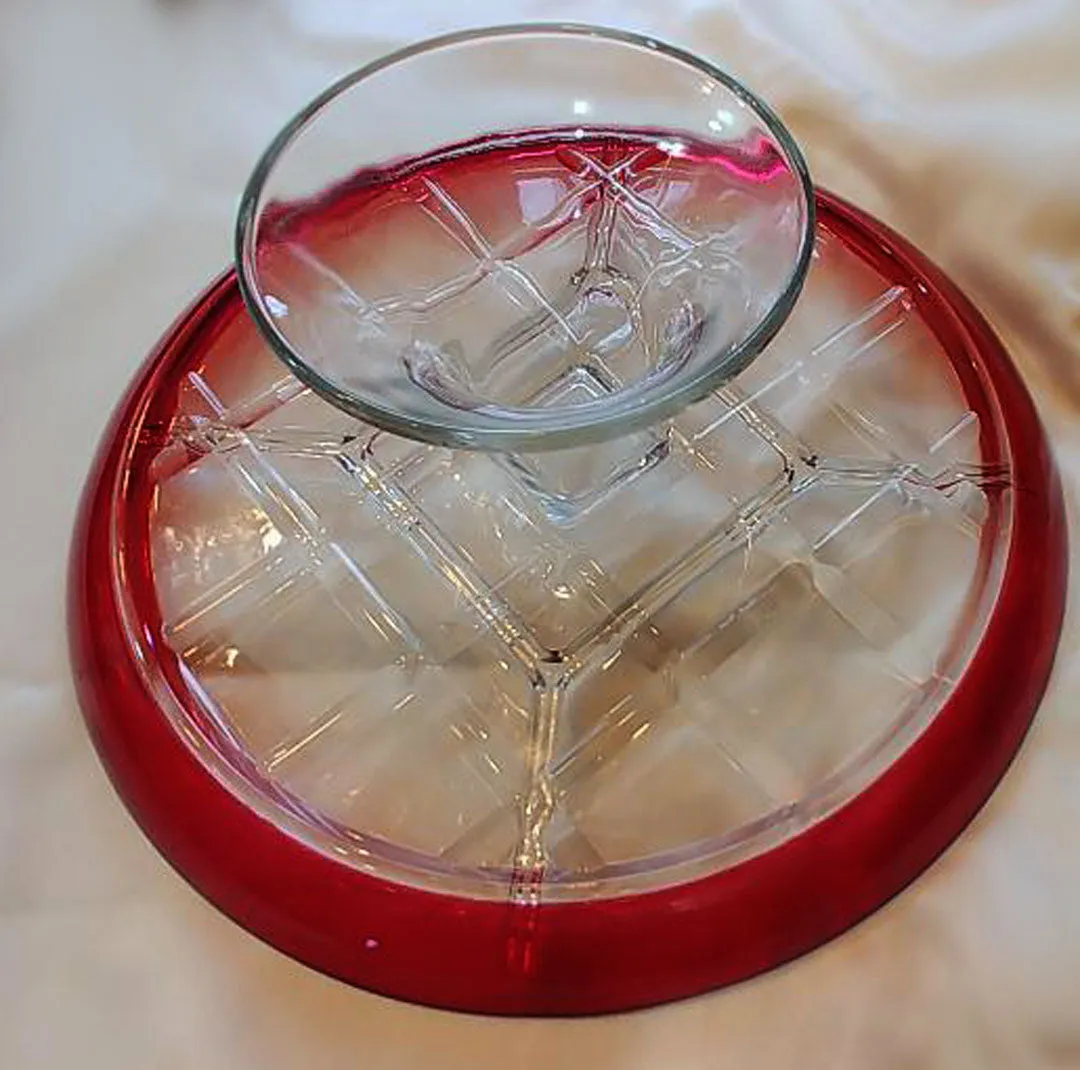 RUBY SECTIONED CAKE PLATE / CANAPE APPETIZER RELISH PLATE - PERFECT FOR THE HOLIDAYS OR A FANCY TEA!